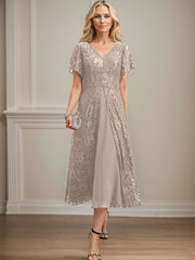 A-line V-Neck Tea-Length Lace Chiffon Mother of the Bride Dress