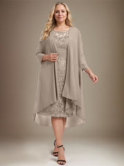 Sheath/Column Scoop Illusion Knee-Length Lace Chiffon Mother of the Bride Dress With Cascading Ruffles Sequins