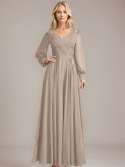 A-line V-Neck Floor-Length Chiffon Mother of the Bride Dress With Sequins Appliques Lace Pleated