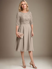 A-line Scoop Knee-Length Lace Chiffon Mother of the Bride Dress