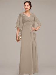 Sheath/Column V-Neck Floor-Length Chiffon Mother of the Bride Dress With Pleated Sequins Beading