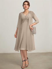 A-line V-Neck Knee-Length Chiffon Lace Mother of the Bride Dress With Pleated Beading Sequins