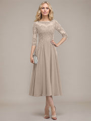 A-line Scoop Illusion Tea-Length Chiffon Lace Mother of the Bride Dress With Sequins Beading