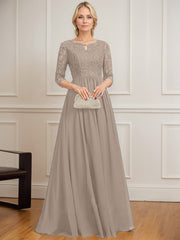 A-line Scoop Floor-Length Lace Chiffon Mother of the Bride Dress With Crystal Brooch Sequins
