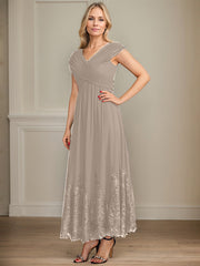 A-line V-Neck Ankle-Length Chiffon Mother of the Bride Dress With Bow Sequins Appliques Lace