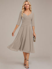 A-line V-Neck Tea-Length Chiffon Mother of the Bride Dress With Pleated