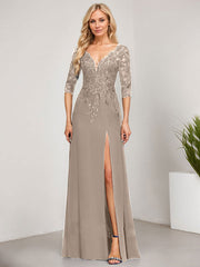 Sheath/Column V-Neck Floor-Length Lace Chiffon Mother of the Bride Dress With Sequins