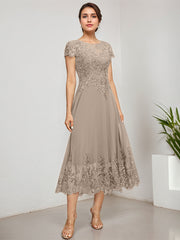 A-line Scoop Illusion Tea-Length Lace Chiffon Mother of the Bride Dress With Sequins