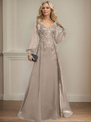 A-Line V-Neck Long Sleeves Floor-Length Chiffon Mother Of The Bride Dresses With Lace