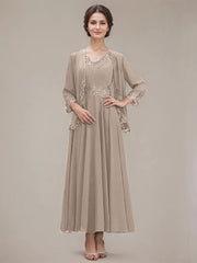 A-line V-Neck Ankle-Length Chiffon Mother of the Bride Dress With Sequins Appliques Lace Beading