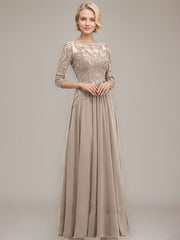 A-line Boat Neck Illusion Floor-Length Chiffon Lace Mother of the Bride Dress With Sequins Beading