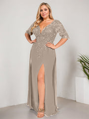 Sheath/Column V-Neck Floor-Length Lace Chiffon Mother of the Bride Dress With Sequins