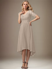 A-line V-Neck Asymmetrical Lace Chiffon Mother of the Bride Dress With Sequins