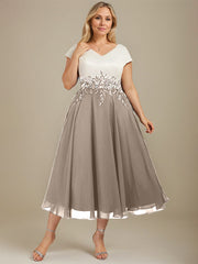 A-line V-Neck Tea-Length Satin Chiffon Mother of the Bride Dress With Appliques Lace