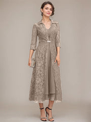 A-line V-Neck Tea-Length Chiffon Mother of the Bride Dress