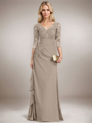 A-line V-Neck Floor-Length Lace Chiffon Mother of the Bride Dress With Cascading Ruffles