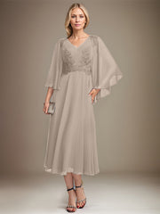 A-line V-Neck Tea-Length Chiffon Lace Mother of the Bride Dress With Sequins Beading