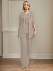 Jumpsuit/Pantsuit Separates Scoop Floor-Length Chiffon Lace Mother of the Bride Dress With Sequins