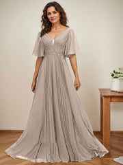 A-line V-Neck Floor-Length Chiffon Mother of the Bride Dress With Sequins Appliques Lace Pleated