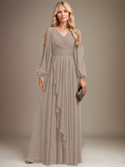 A-line Cold Shoulder V-Neck Floor-Length Chiffon Mother of the Bride Dress With Cascading Ruffles Beading