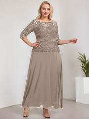 A-line Scoop Illusion Ankle-Length Chiffon Lace Mother of the Bride Dress With Rhinestone Beading