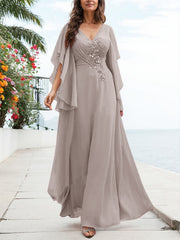 A-Line V-Neck Floor-Length Chiffon Mother Of The Bride Dresses With Appliques Lace