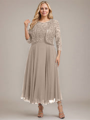 A-line Boat Neck Illusion Tea-Length Lace Chiffon Mother of the Bride Dress With Sequins