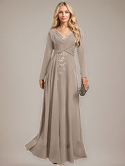 A-line V-Neck Floor-Length Stretch Crepe Evening Dress With Pleated Sequins Appliques Lace