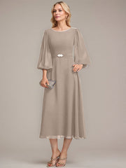 A-line Scoop Tea-Length Chiffon Mother of the Bride Dress With Crystal Brooch Pleated