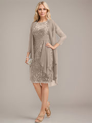 Sheath/Column Scoop Illusion Knee-Length Lace Chiffon Mother of the Bride Dress With Cascading Ruffles Sequins