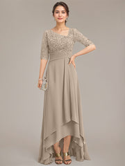 A-line Asymmetrical Asymmetrical Lace Chiffon Mother of the Bride Dress With Pleated Sequins