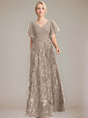 A-line V-Neck Floor-Length Lace Sequin Chiffon Mother of the Bride Dress With Pleated