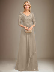 Empire V-Neck Floor-Length Lace Chiffon Mother of the Bride Dress With Cascading Ruffles Sequins