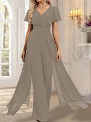 Jumpsuit/Pantsuit V-Neck Floor-Length Chiffon Evening Dress