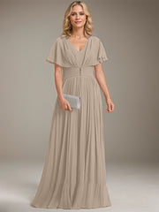 A-line V-Neck Floor-Length Chiffon Mother of the Bride Dress With Crystal Brooch Pleated