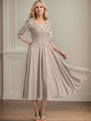 A-line V-Neck Tea-Length Chiffon Lace Mother of the Bride Dress With Beading Sequins