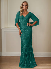 Sheath V-Neck Floor-Length Tulle Mother of the Bride Dress