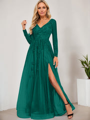 A-line V-Neck Floor-Length Tulle Prom Dresses With Sequins Appliques Lace Beading