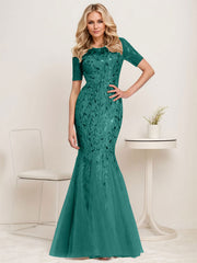 Floral Sequin Print Maxi Long Fishtail Tulle Mother Of The Bride Dresses
