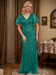 Sheath V-neck Short Sleeves Floor-Length Lace Mother of the Bride Dress
