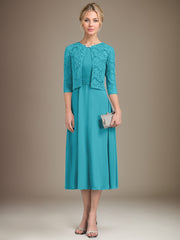 A-line Scoop Tea-Length Chiffon Mother of the Bride Dress With Pleated