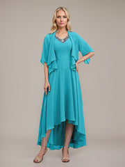 A-line V-Neck Asymmetrical Chiffon Mother of the Bride Dress With Beading Sequins