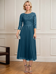 A-line Scoop Illusion Tea-Length Lace Chiffon Mother of the Bride Dress With Sequins Pleated