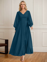 A-line V-Neck Ankle-Length Chiffon Mother of the Bride Dress With Cascading Ruffles Beading Sequins