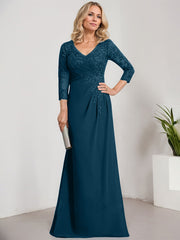 Sheath/Column V-Neck Illusion Floor-Length Lace Chiffon Mother of the Bride Dress With Pleated Sequins
