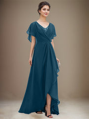 A-line V-Neck Asymmetrical Chiffon Mother of the Bride Dress With Sequins Beading Cascading Ruffles