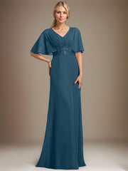A-line V-Neck Floor-Length Chiffon Mother of the Bride Dress With Sequins Appliques Lace Pleated