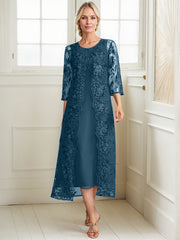 A-line Scoop Tea-Length Lace Chiffon Mother of the Bride Dress