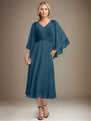 A-line V-Neck Tea-Length Chiffon Lace Mother of the Bride Dress With Sequins Beading