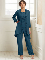 Elegant Appliques 3 Pieces Chiffon Mother of The Bride Jumpsuit with Wrap
